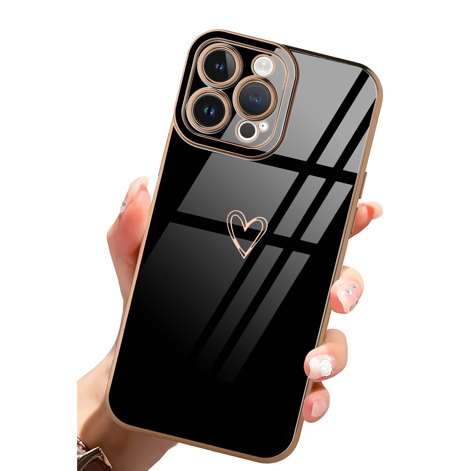 Marphe Compatible with iPhone 14 Pro Max 6.7 Inch for Women Girls Luxury Plating Love Heart Cute Phone Cover Slim Soft TPU Shockproof Anti-Scratch Case for iPhone 14 Pro Max-Black