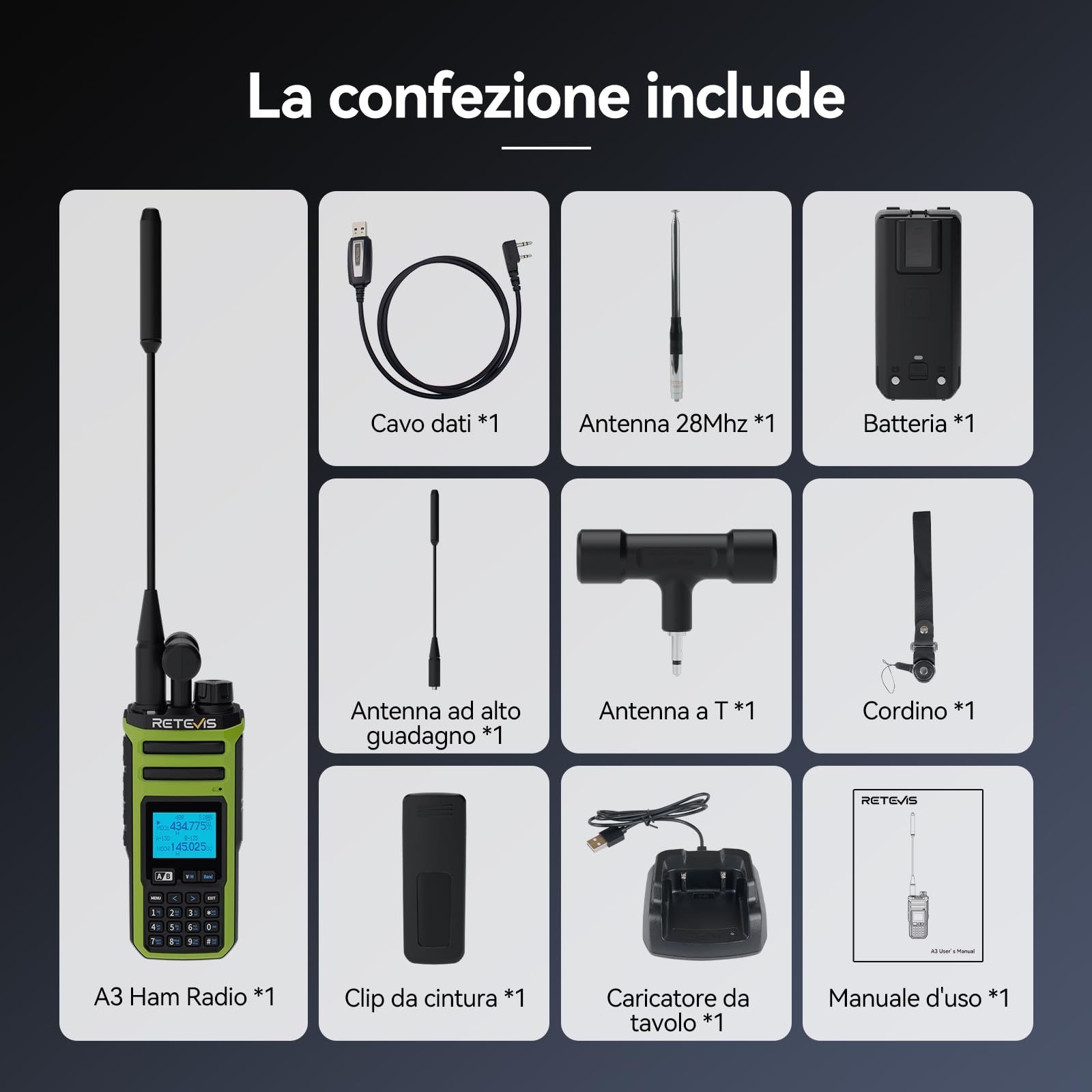 Retevis A3 Radio Bidirezionale, Radio Amatoriale Quad-Band, Modalità AM/SSB/FM/AIR, Doppio Canale, 2500mAh, Walkie Talkie con Potenza Regolabile per Caccia, Viaggiatore (1 Pezzo)