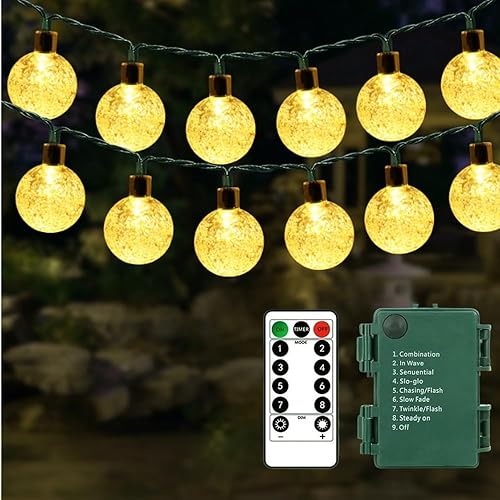 Guirnalda de luces de globo a pilas, 39 pies, 80 luces LED de globo de cristal, 8 modos, impermeable, con temporizador para patio, jardín, balcón,