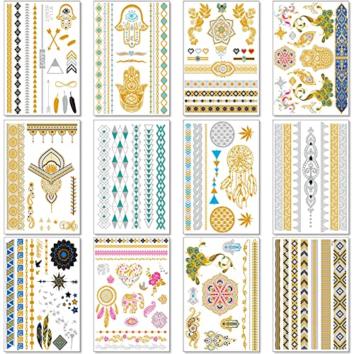 Metallic Temporary Tattoos for Women Teens Girls - 12 Sheets Gold Silver Temporary Tattoos Glitter Shimmer Designs Jewelry Tattoos - 150+ Color Flash Fake Waterproof Tattoo Stickers