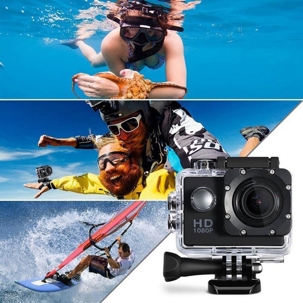 1080P HD Action Camera Schermo LCD Impermeabile 30m Sport Action Cam per Bicicletta, Moto, Sci, Immersioni Giallo