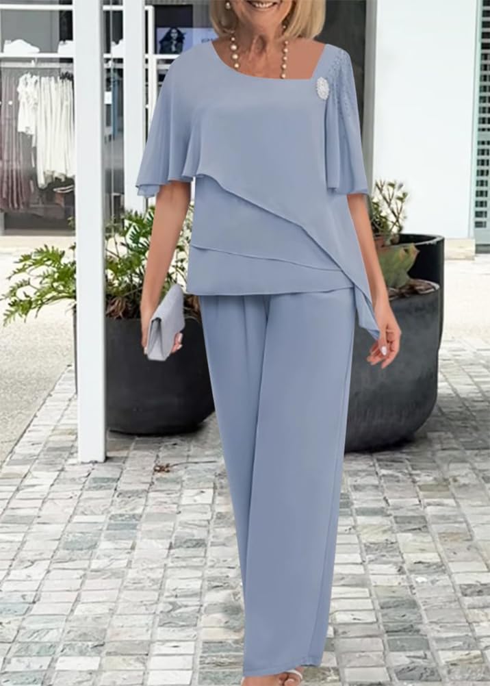 shownicer Ensemble Femme Mousseline Manches Courte Top Et Pantalons Taille Haute Costume en Tulle Elegant Irrégulier Cocktail Outfits Suit