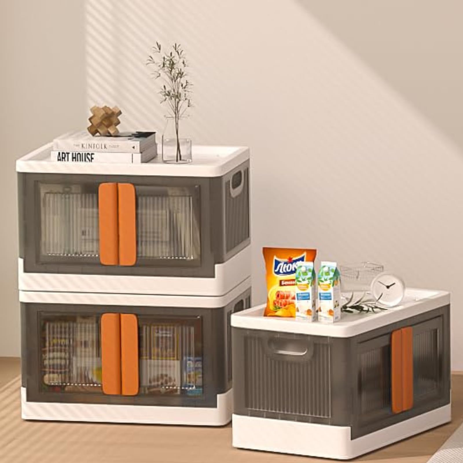 TASMAX Collapsible Storage Bins with Double Door with Top Lid Opening and Wheels large storage box for clothes plastic big plastic boxes for storage Stackable Storage Container Box Organizers 3PCS-72L