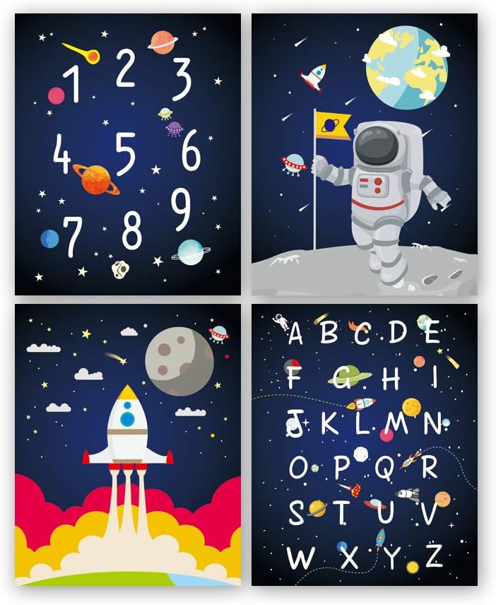 KAIRNE Juego de 4 Planeta Póster,Póster de pared para habitación infantil,Cuadros Infantiles Niño para dormitorio,Astronauta Impresión En Lienzo, Decoración Habitación Bebé Pared Regalo,20x 25cm