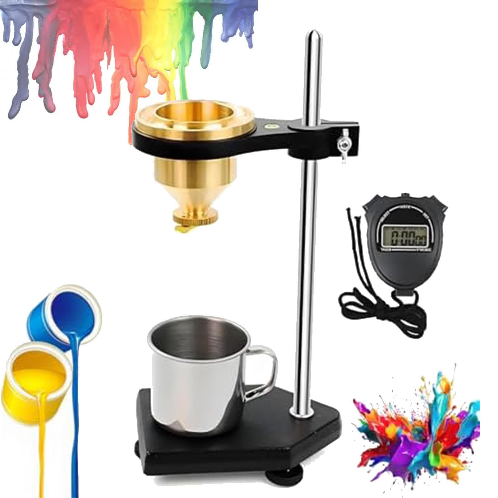 Viscosímetro de pintura con copa de flujo de latón, medidor de viscosidad de sobremesa, boquilla de flujo de 4 mm de diámetro, soporte ajustable y cronómetro, copa de flujo Ford para