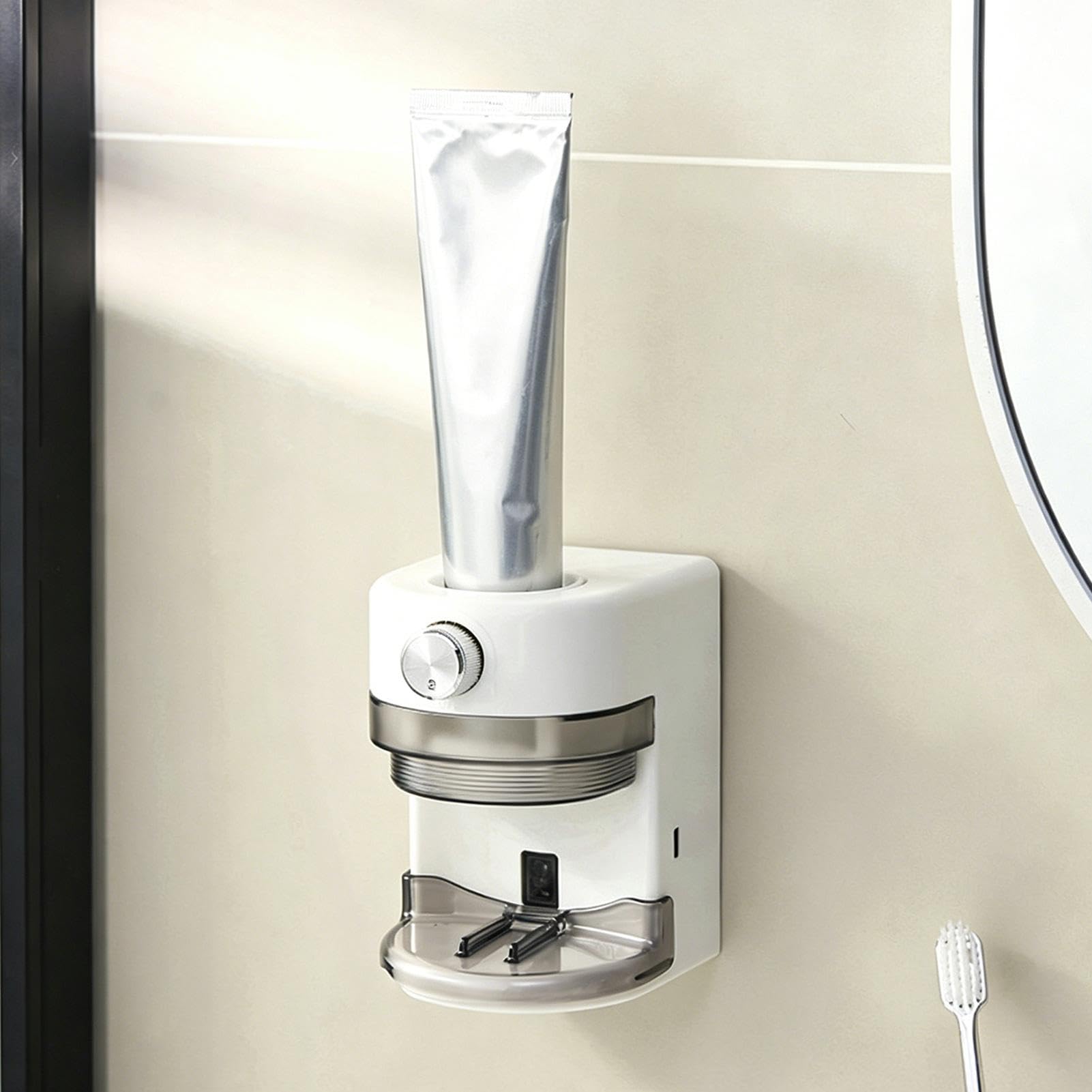 Distributore di Dentifricio Accessorio da Bagno con Fissaggio a Parete | Spremitubo Dentifricio e Portaspazzolino Integrato con Supporto Per l'uso in Dormitorio, Casa e Bagno Interno