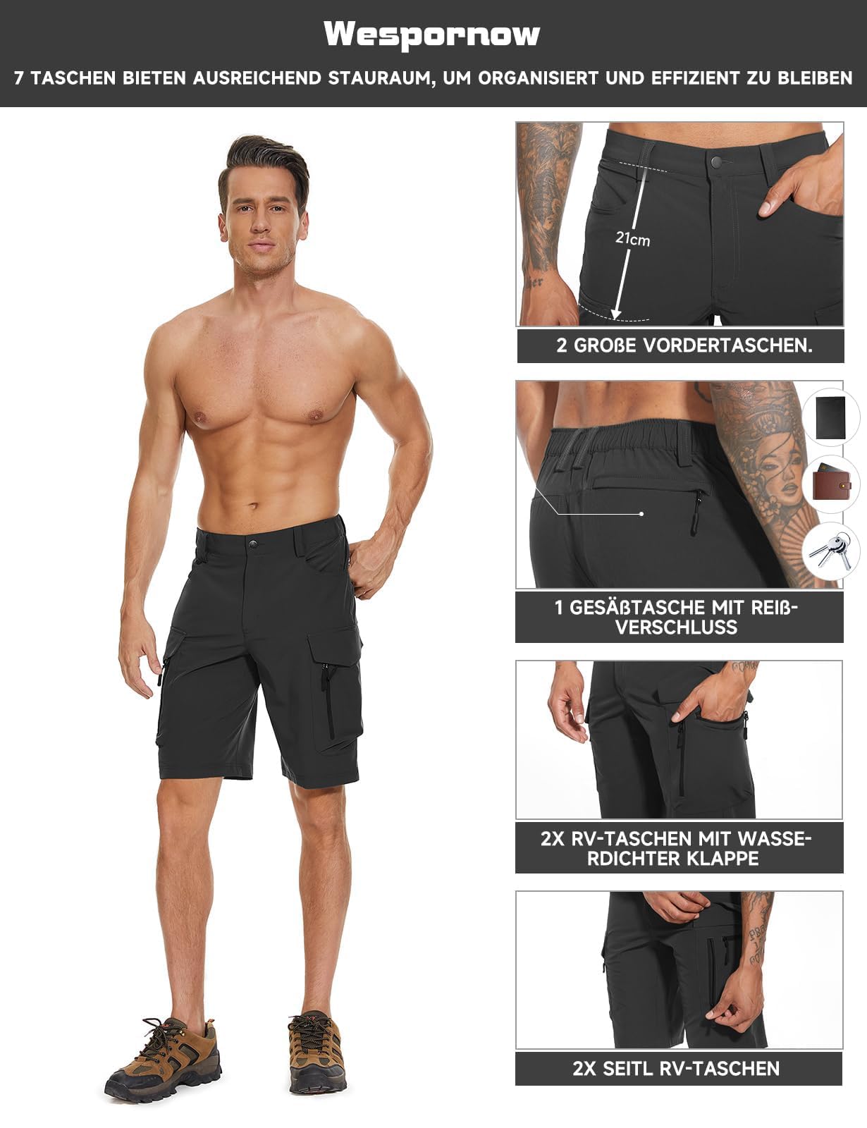 Wespornow Kurze Wanderhose Herren Schnelltrocknend 4-Way-Stretch 7 RV-Taschen Leicht Atmungsaktiv Trekking