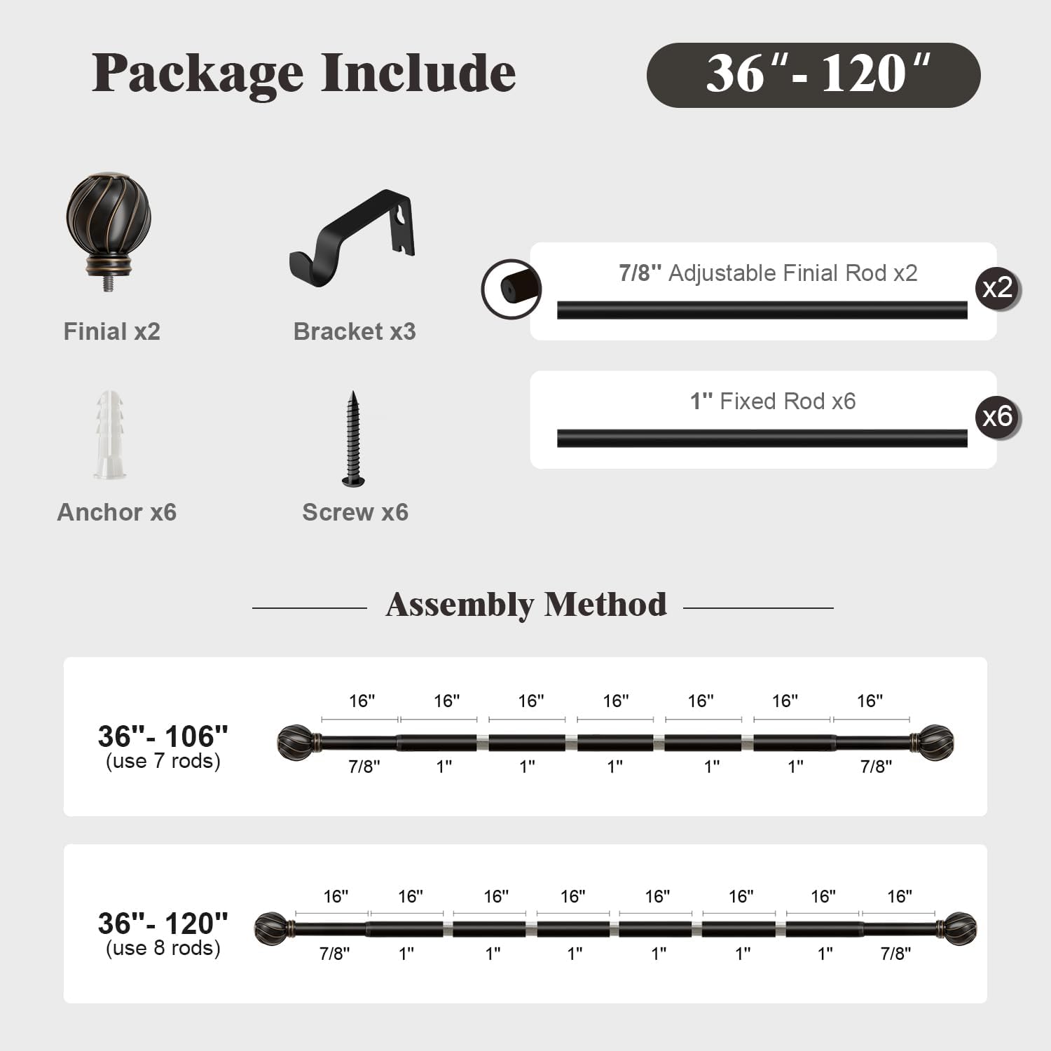 Oneach Black Curtain Rods for Windows 66 to 120 Inch, 7/8" Adjustable Heavy Duty Decorative Drapery Rods with Round Netted Texture Finials (Pack of 1, 36 to 120 Inch)