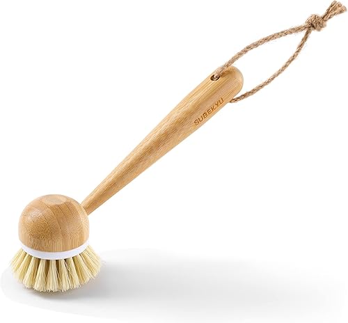 Miniatura 3 de SUBEKYU Cepillo para platos con asa, cepillo de bambú natural, cepillo para lavar platos de cocina para limpiar platos, sartenes, ollas, fregaderos,