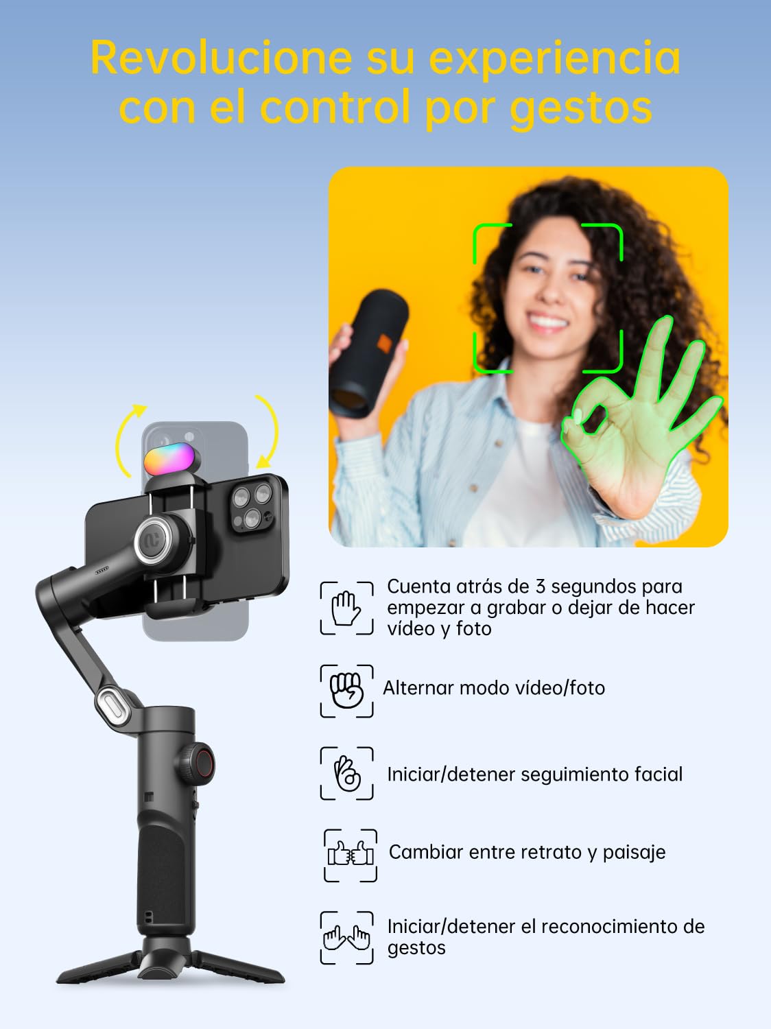 AOCHUAN Estabilizador de cardán de 3 Ejes para Smartphone con luz de Relleno magnético RGB, Rueda de Enfoque de Seguimiento Facial Mejorada, cardán Plegable para iPhone y Android, estabilizador de