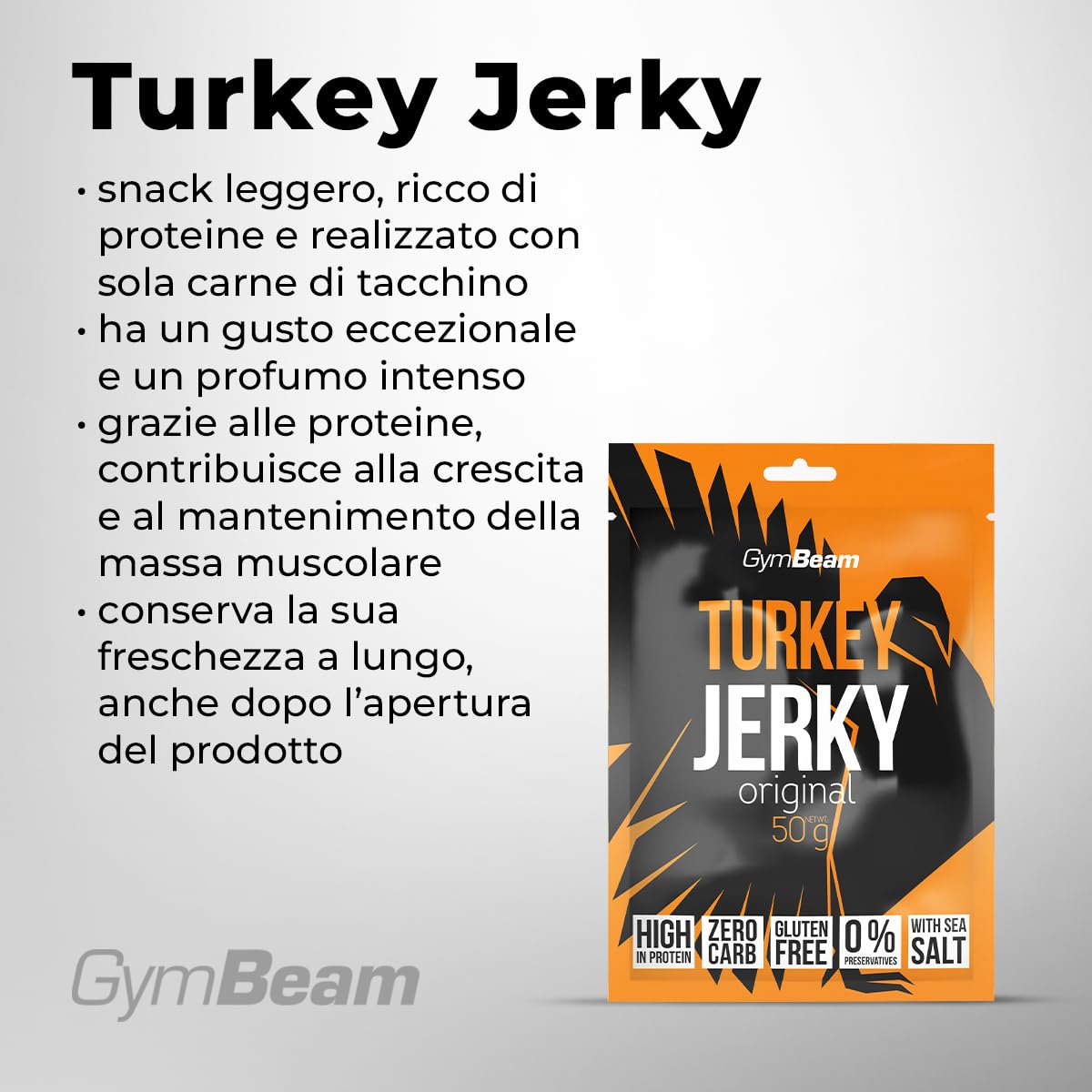 GymBeam Carne Secca di Tacchino, Turkey Jerky 50g, Snack Leggero e Ricco di Proteine, Carne di Tacchino di Alta Qualità, 38,4g di Proteine per Porzione, Gusto Eccezionale (50 g (5er pack)) - 2