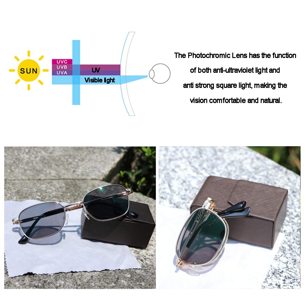 Hommes Femmes Metal Frame Transition Photochromic Lunettes De Lecture Soleil Lecteurs Pliantes Lunettes Taille De Poche Lecteurs Classique Rectangulaire De La Mode Lunettes
