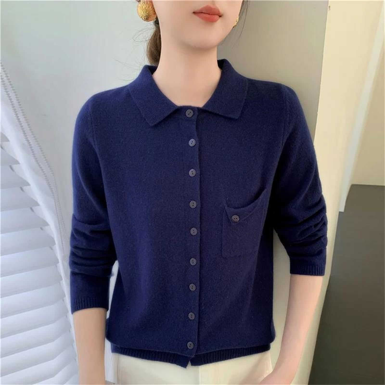 Cárdigan de lana merino para mujer, con cuello vuelto, botones, de punto grueso, para otoño e invierno, chaquetas cálidas con bolsillos