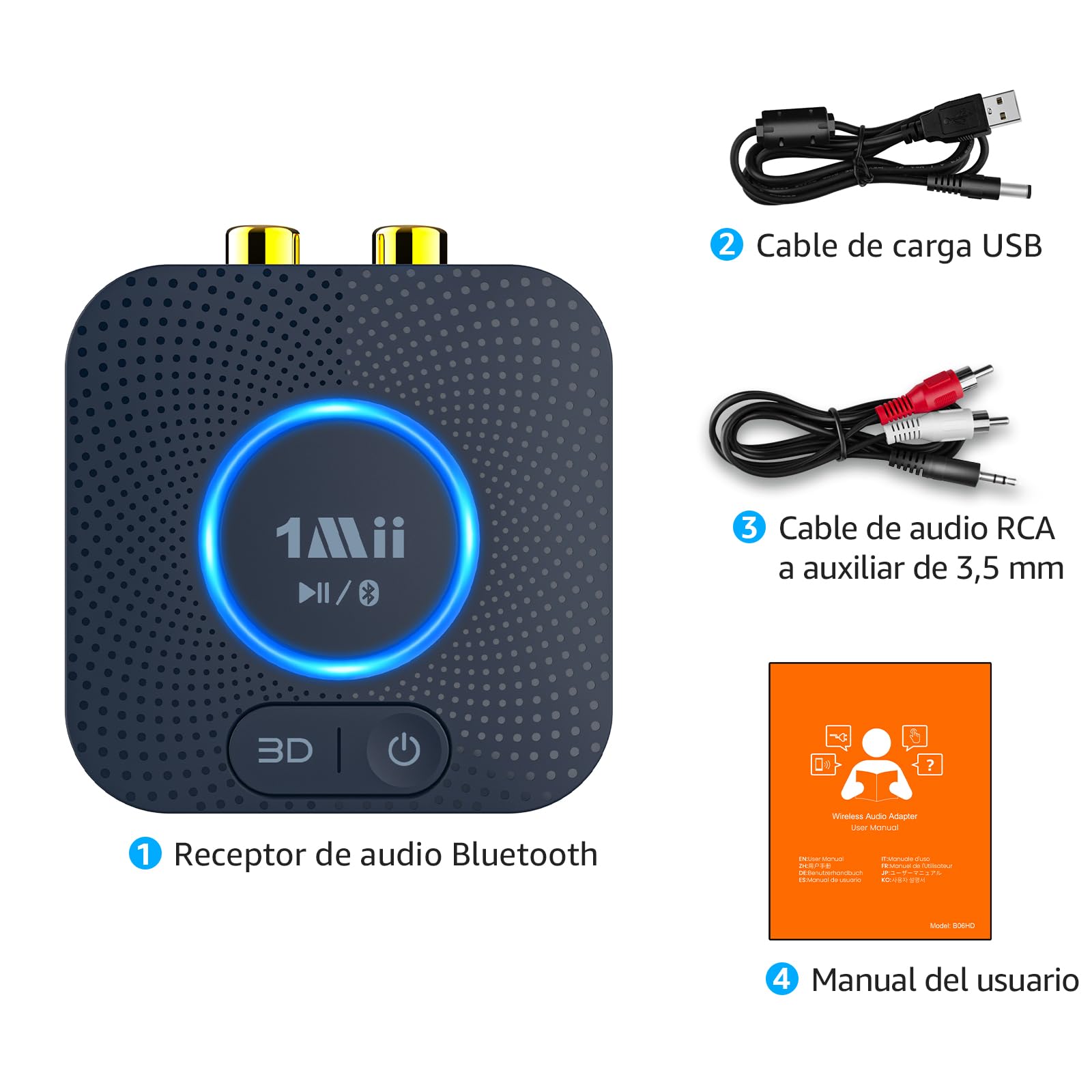 1Mii B06HD Receptor de Audio Bluetooth 5.3, Adaptador Bluetooth para Sistema Estéreo HiFi Doméstico, con Sonido Envolvente 3D de Baja Latencia aptX HD, 15H de Reproducción, Conector 3.5mm AUX, RCA
