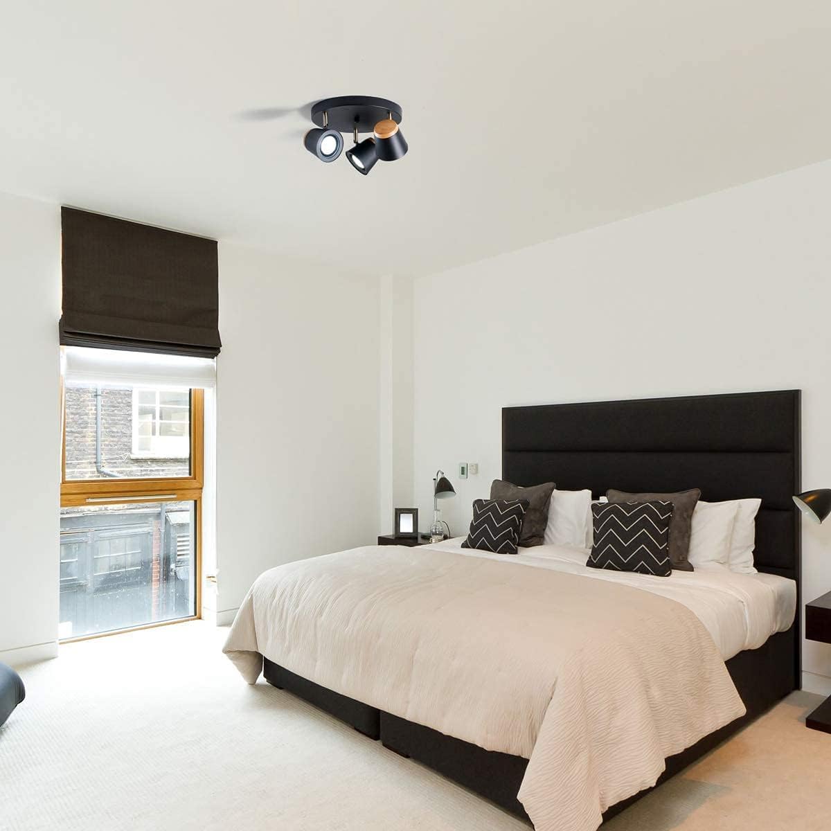 TeHenoo 3-Light Ceiling Light,Directional Spotlights,Natural Bamboo Detail,Industurial Track Lighting for Hallway, Small Bedroom, Foyer, Kitchen, Living Room,Matte Black