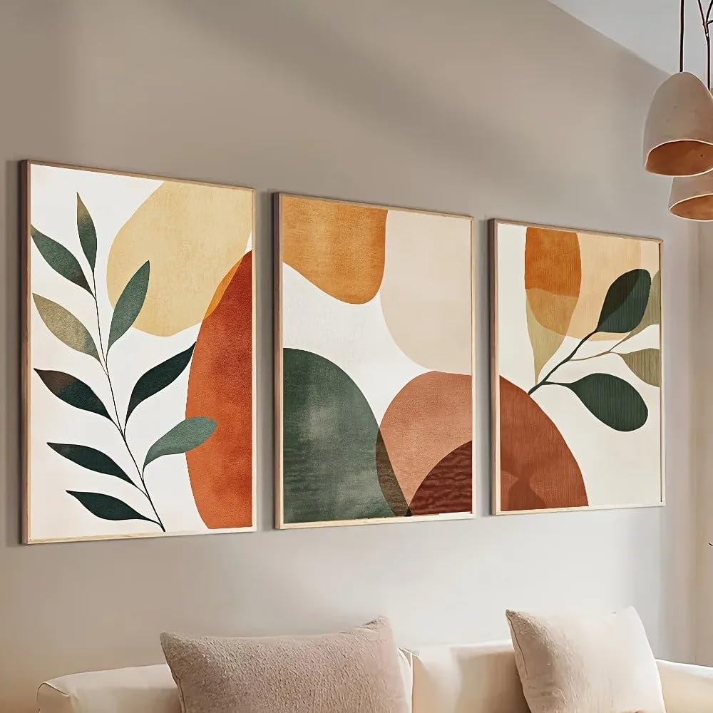 Lienzo estampado geométrico botánico bohemio, con los tonos tierra más grandes y formas abstractas, decoración para sala de estar (50x70cm/3 piezas sin marco)