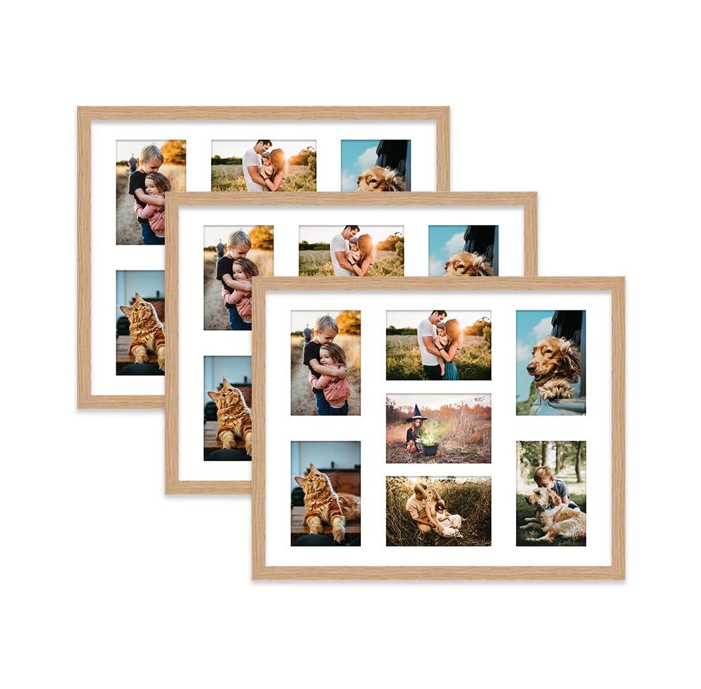 Oak Multi Photo Frame - Holds 7 x 6x4 Pictures, Family Collage Picture Frame for Wall Display, 20x16 Frame size, Set of 3