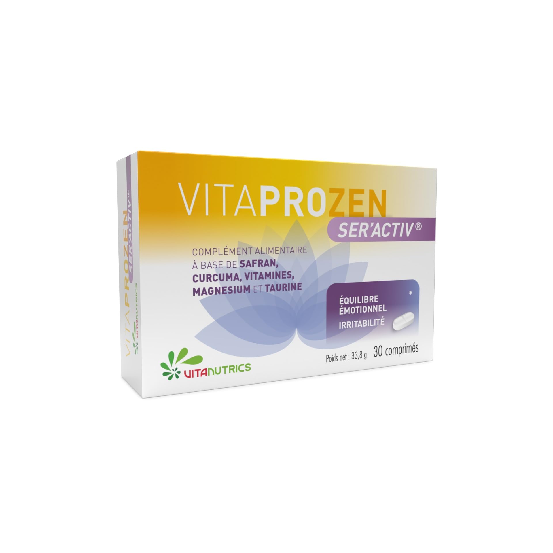 Vitanutrics - VITAPROZEN Ser'Activ - Équilibre Émotionnel, Irritabilité - Safran, Curcuma, Vitamines, Magnésium, Taurine - Formule 100% Végan - 30 comprimés