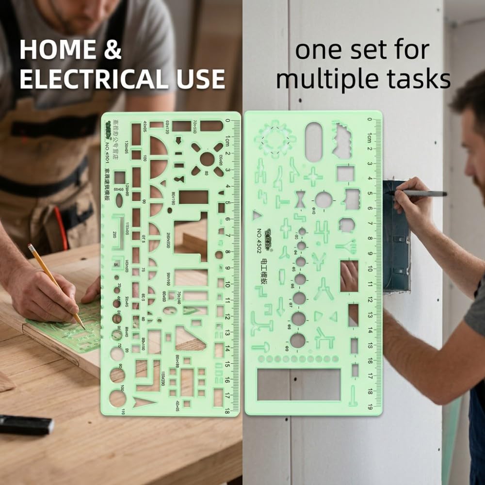 2 Piezas Plantillas de Dibujo Geométrico Regla de Medición para Arquitectura Muebles y Electrotécnica Esténciles Verde Claro para Círculos y Óvalos Herramientas de Dibujo Oficina Escuela