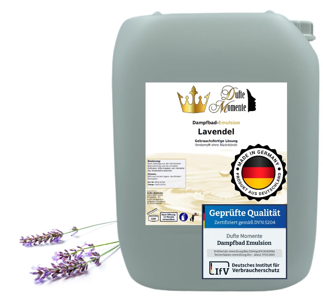 Dufte Momente | Dampfbad Emulsion 10 Liter Lavendel | geprüfte Qualität | mit naturreinen und natürlichen ätherischen Ölen | gebrauchsfertig | vegan und ohne Tierversuche
