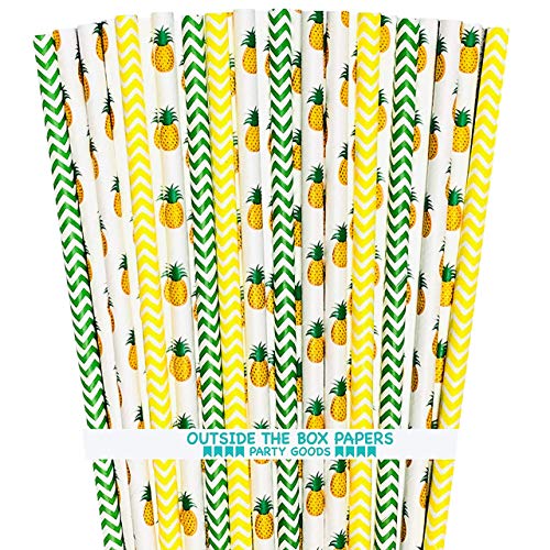 Pineapple and Chevron Paper Straws - Green Yellow White - Hawaiian Luau - 7.75 Inches - 100 Pack - Outside the Box Papers Brand