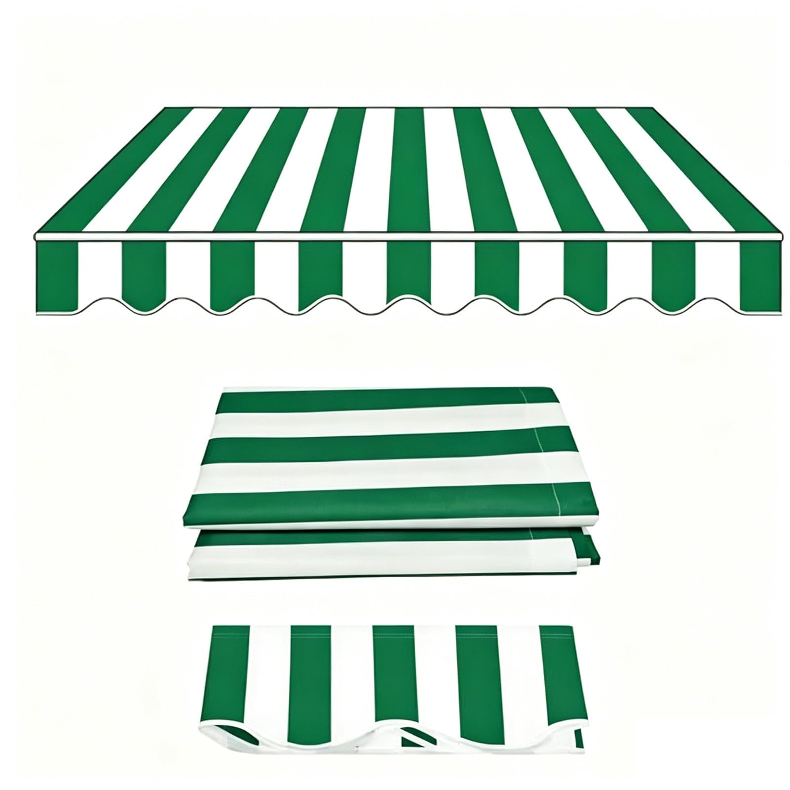 Tkanina zapasowa do markizy wysuwana tarasowej, płótno do osłona przeciwsłoneczna, zewnętrzna wodoodporna poliestrowa w paski, bezramowa(Green,380x250cm/12.5x8ft)