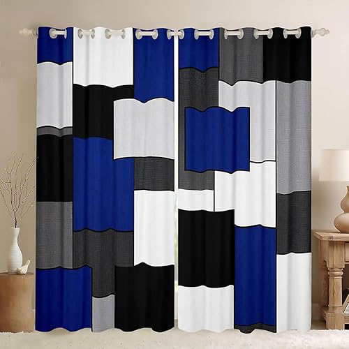 Cortinas geométricas de color azul real para ventana, color negro, blanco, gris, cuadradas, para decoración de habitación de niñas, tratamientos