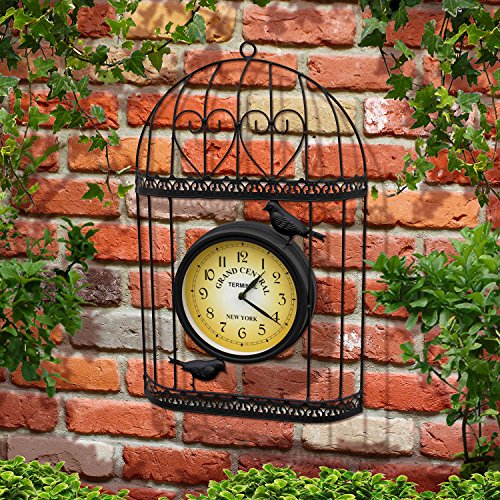Parkland® Shabby Chic Style Birdcage Garden Clock - Wall Mountable Black Metal Bird Cage With Vintage Victorian Station Effect Clock Face - Ideal For Indoor And Outdoor Use