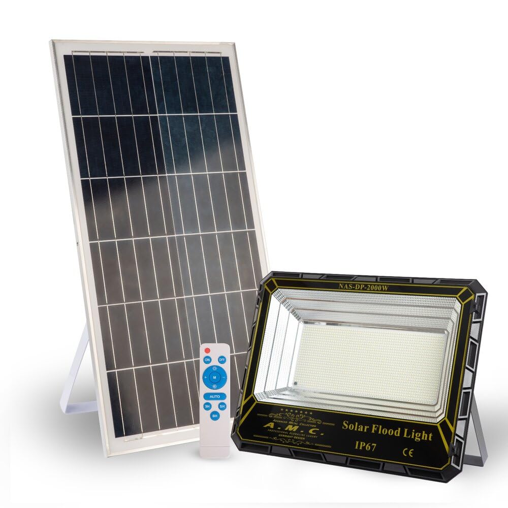 A.M.C. Faro Solare Led Esterno, Faro Solare 2000 Watt con Telecomando e Staffa, Sensore di Movimento e Crepuscolare, Luce Bianco Fredda, Impermeabile IP 67.