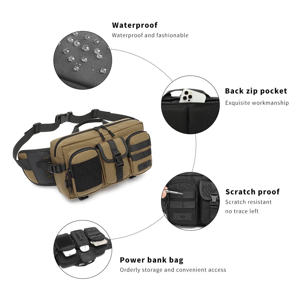 Fanny Pack dla mężczyzn i kobiet, wodoodporna, duża saszetka na pasek, pasuje na tablet 19 cm, torba biodrowa z regulowanym paskiem do treningu, biegania, wędrówek, Brązowy, Small, Regulowana