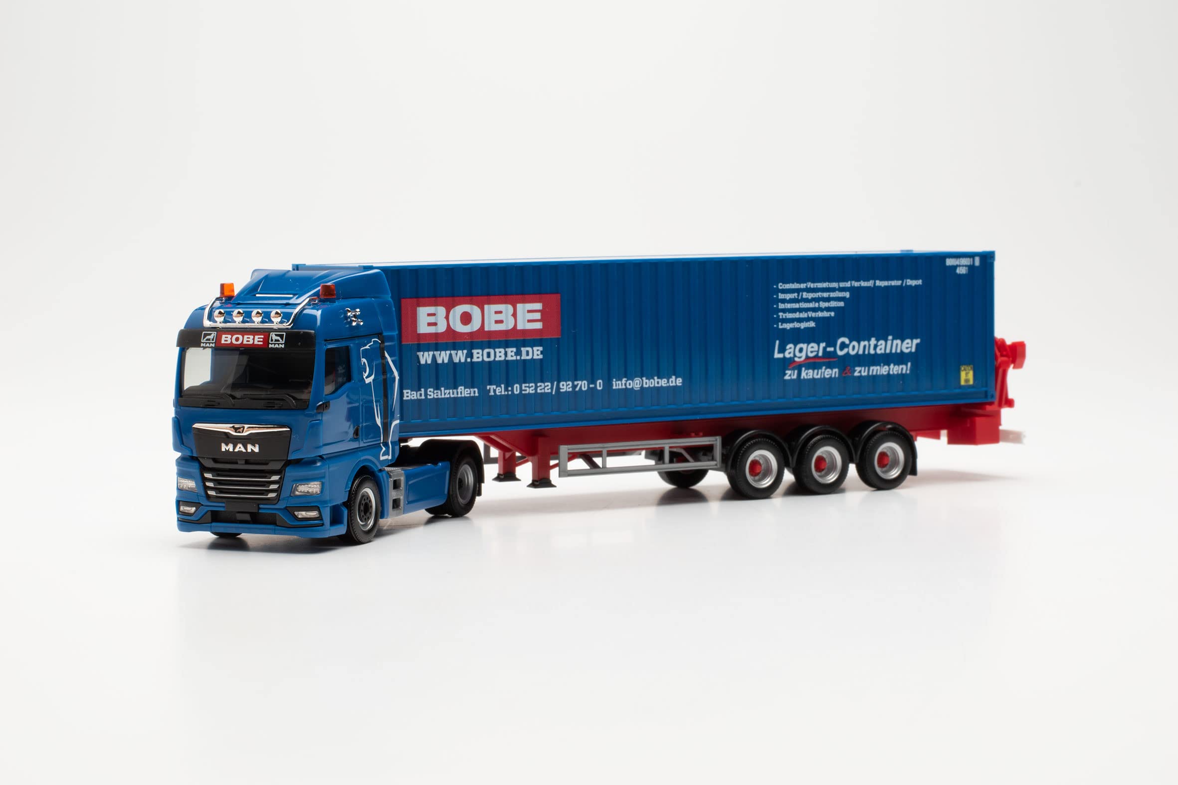 Herpa LKW Modell MAN TGX GM Container-Seitenlader „Bobe Spedition“, originalgetreu im Maßstab 1:87, Modell LKW für Diorama, Modellbau Sammlerstück, Deko Miniaturmodelle aus Kunststoff