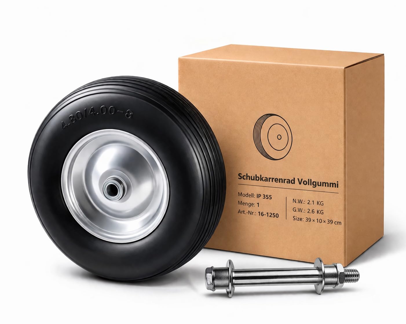 Schubkarrenrad Vollgummi 4.80/4 4.00-8 Rad pannensicher Schubkarrenreifen Achse (Schwarz)