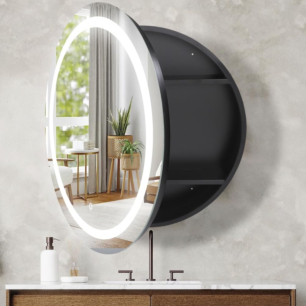 Movo 26 inch Round Black LED Lighted Medicine Cabinet with Mirror,Surface Mounted LED Mirrored Medicine Cabinets for Bathroom with Storage Shelves,6000-6500K,Surface Mount Only