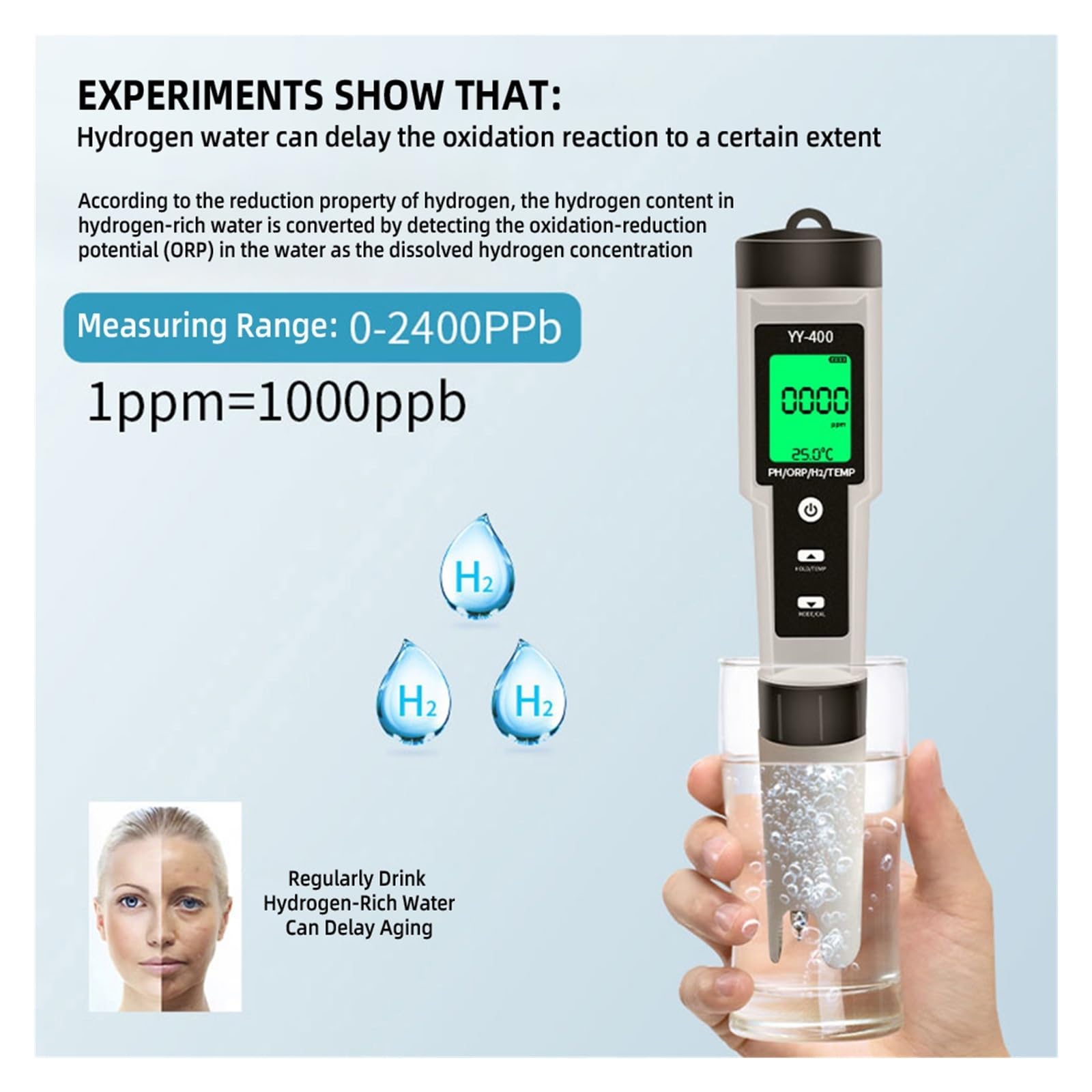 Misuratore H2/PH/ORP/Temp Digitale della qualità Acqua for Piscine Acquari con Potabile Rilevamento Rapido E Preciso(YY-400 4 in 1)