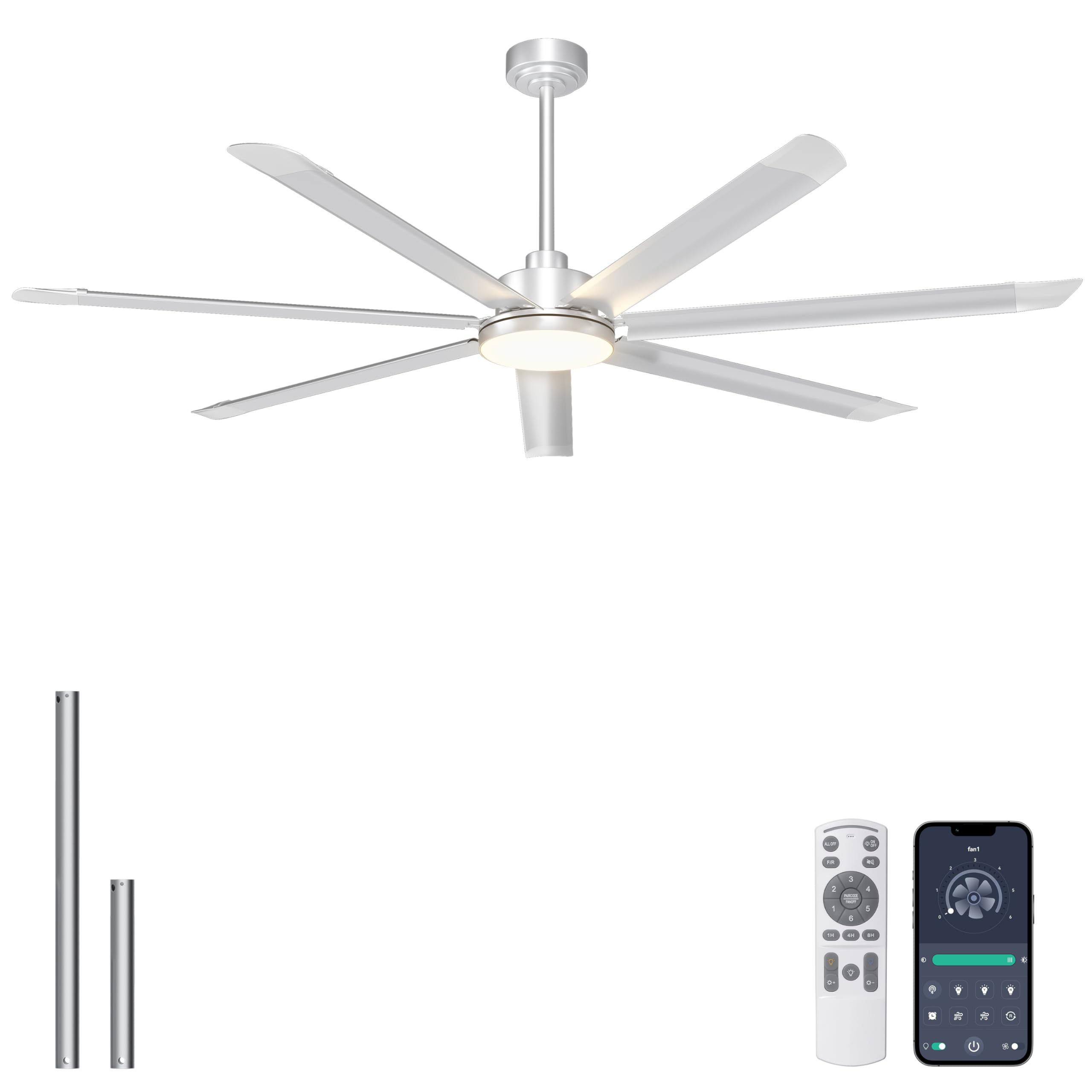 Ohniyou Ventilatore da soffitto da 182 cm con luce, grande ventilatore da soffitto industriale con telecomando/app, 7 pale in alluminio, motore DC silenzioso per terrazze esterne, garage, argento
