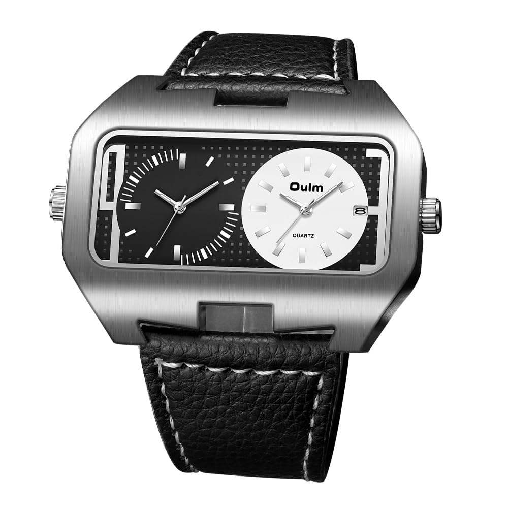 OIDEA Reloj de cuarzo con fecha de doble hora, esfera cuadrada grande