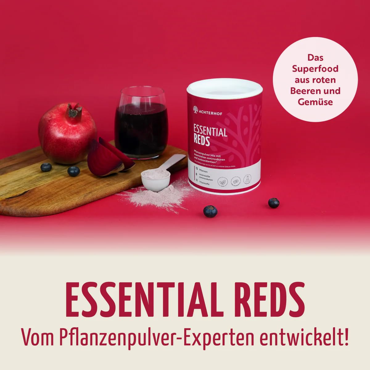 Essential Reds Pulver 360g | Superfood aus roten Beeren und Gemüse | rote Beeren, Antioxidantien, essentielle Aminosäuren und Vitalstoffe | für 60 Tage | Achterhof