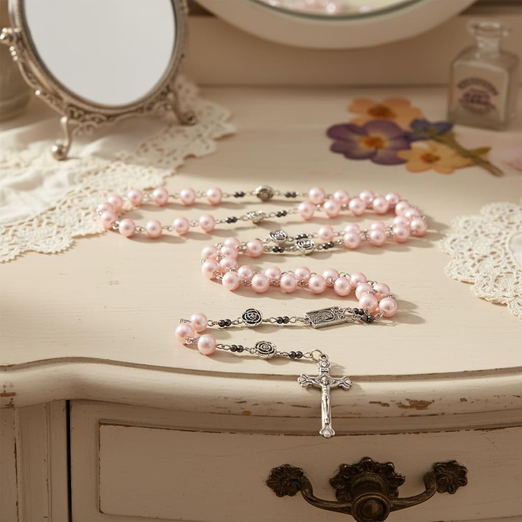 Nazareth Store Pearl Beads Rosary Metal Mystery Roses with Hematite stones, Catholic Rosary Necklace Our Rose Lourdes Medal & Cross Crucifix - Image 5