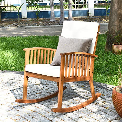 Tangkula Outdoor Acacia Wood Rocking Chair, Wooden Rocker W/Detachable Washable Cushions, Rocker For Porch Garden Patio Balcony Pool Indoor (1, Teak) #TOP3