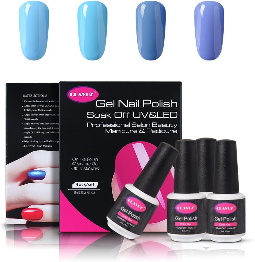 CLAVUZ Soak of UV LED Gel Nail Polish 4pcs Blue Colors Collection Kit New Start Manicure Nail Art Kits Sets