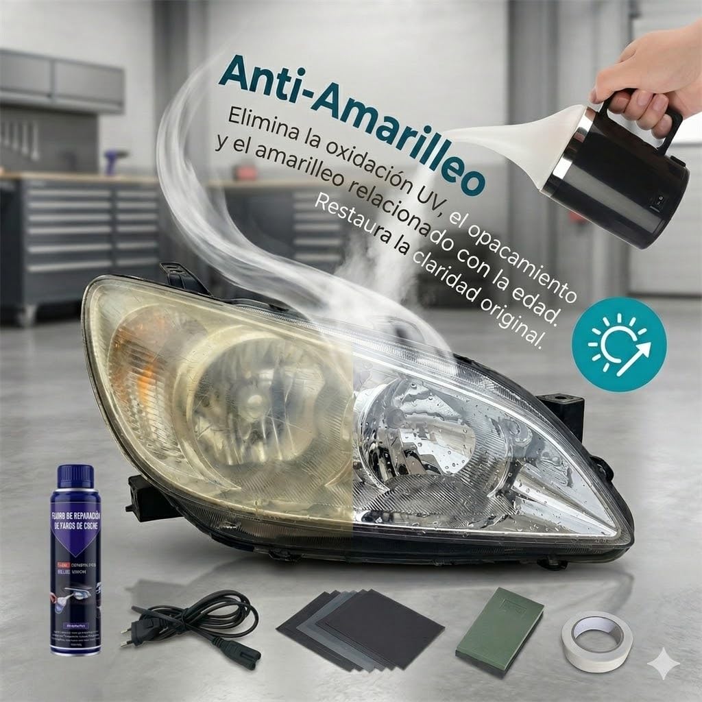 Auto Scheinwerfer Aufbereitungsset mit Zerstäuberbecher & 200ml Politur, DIY KFZ Scheinwerfer Reparatur Set für vergilbte, zerkratzte Linsen, inkl. EU-Stecker & Schleifpapier