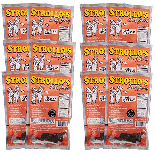 Strollo's Beef Jerky-Hot Garlic 12 Pack-1.5oz a Pack-Low Sodium, Low Sugar, Low Carb, Keto Diet Friendly-Made with All Natural USA Beef,USDA Certified