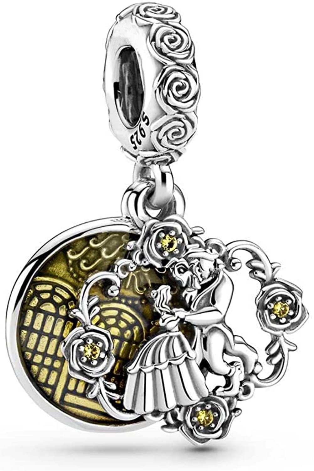 Beauty and the Beast Dancing Dangle Charm in Sterling Silver S925 surrounded by roses set with yellow crystals, Compatible with all European style Charm Bracelets