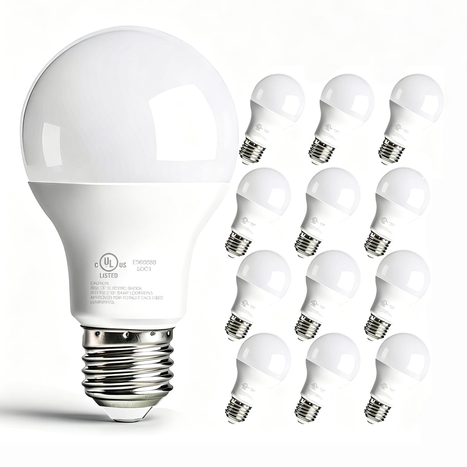 dalattin A19 LED Bulbs, 5000K Daylight White, 60 Watt Equivalent, E26 Base, 800 LM, 9W Energy Saving, Non-Dimmable, 80+ CRI, 120V, UL Listed, for Living Room, Office, 12 Packs