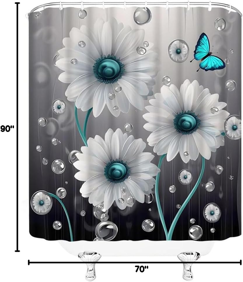Daisy Shower Curtain White Flower Butterlfy Simulated Raindrop Grey Bubble Rustic Farmhouse Floral Bathroom Curtain with Hook