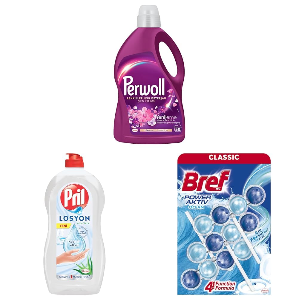 Perwoll Hassas Sıvı Çamaşır Deterjanı Yenileme & Çiçek Cazibesi + Pril Losyon Aloe Vera Özlü Kaşmir Etkisi ile Cilde Uyumlu + Bref Power Active Okyanus Kokulu