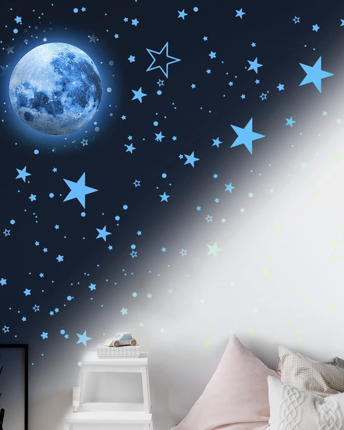Noa Home Deco Świecące naklejki, 1049 sztuk, ciemne gwiazdy, samoprzylepne naklejki dla dzieci, fluorescencyjne naklejki do dekoracji sufitu pokoju dziecięcego, niebieskie