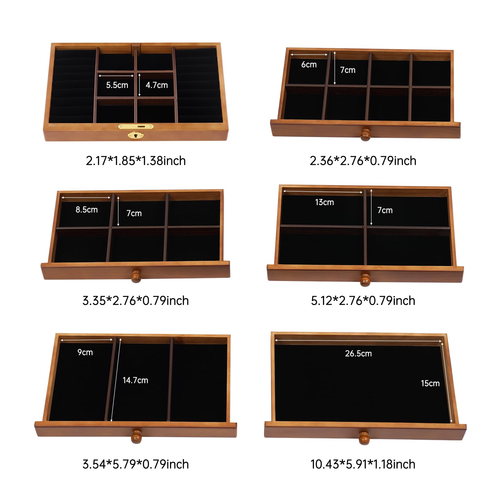 Portagioie in legno con chiusura di sicurezza, 6 cassetti + specchio HD, grande portagioie per anelli/collane, design vintage a quattro foglie, 31,5 x 24,5 x 20 cm