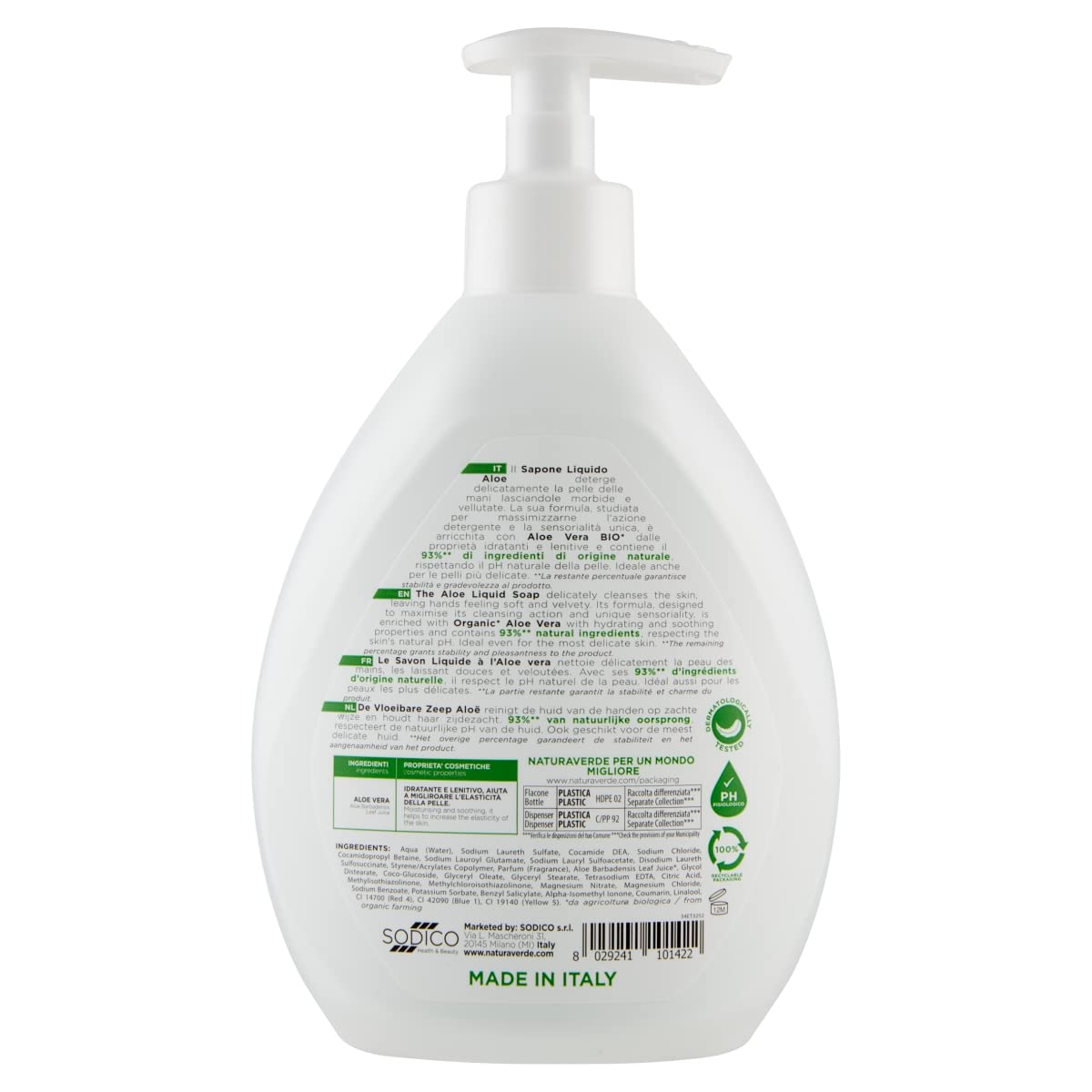 Naturaverde | Natural Beauty - Mydło w płynie Aloe Vera, Mydło w płynie Ręce, Mydło do twarzy, Mydło w płynie do rąk, Nawilżanie, 500ml