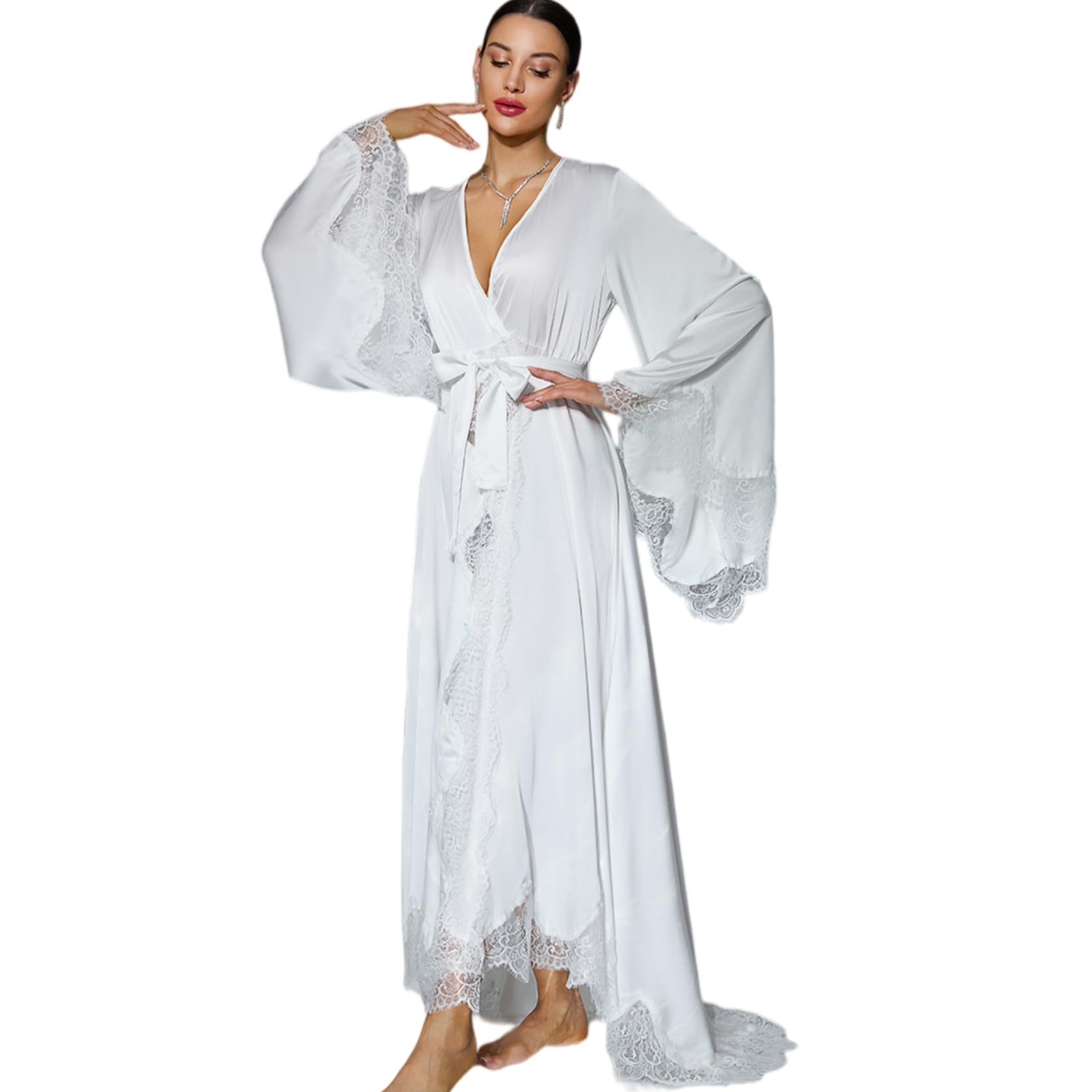Pyjama Bride Nuisette Sexy À Manches Cloche Et Traîne Longue en Satin Style Français avec Dentelle pour Femme.